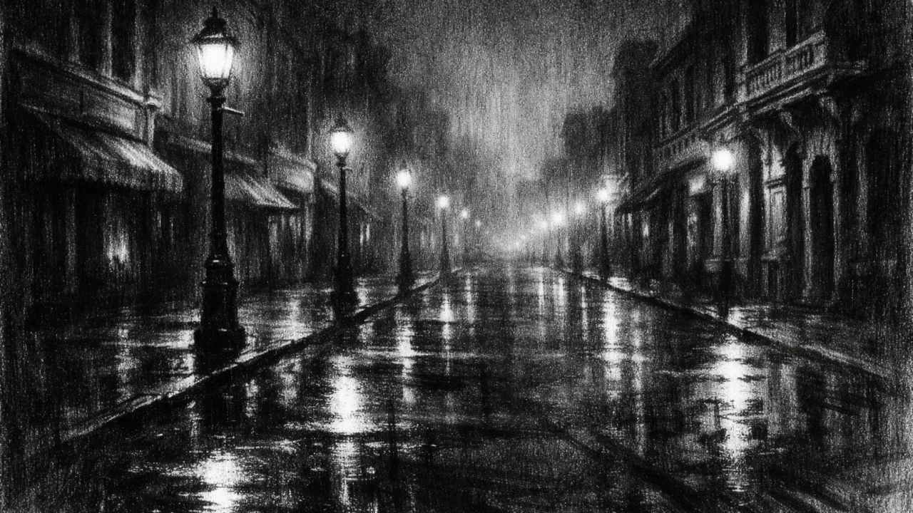 Prazna noćna ulica u charcoal film noir stilu, crno-bijeli prizor s dubokim sjenama, mokri kolnik i osjećaj samoće i prolaznosti.