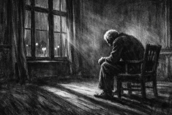 Plakatna scena u charcoal film noir stilu, crno-bijela ilustracija s dubokim sjenama i melankoličnom atmosferom, usamljena starija figura u tihoj prostoriji.