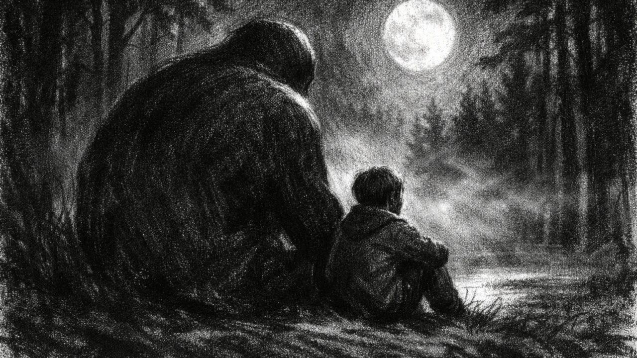 Tiha noćna scena prijateljstva u šumi, naglasak na emociji i povjerenju, charcoal film noir stil, crno-bijelo, dramatično osvjetljenje