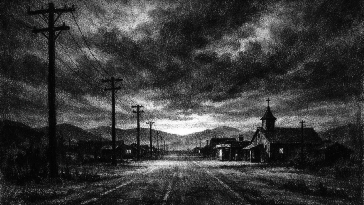 Pusta ruralna atmosfera u sumrak s osjećajem straha i nade, snažne sjene i prostor tišine, charcoal film noir stil, crno-bijelo
