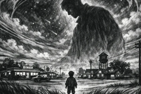 Cinematični poster s velikom siluetom i malom figurom ispod nje, snažna atmosfera empatije i čuđenja, charcoal film noir stil, crno-bijelo, duboke sjene