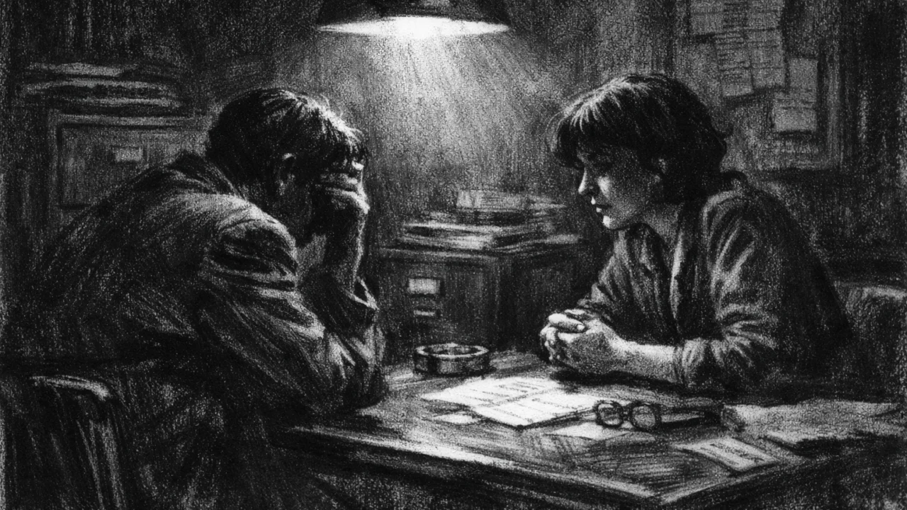 Dvije osobe u tihoj razmjeni pogleda u zatvorenom prostoru, prikazane u charcoal film noir stil, s jakim kontrastom, sjenama i suptilnom emocionalnom napetošću.