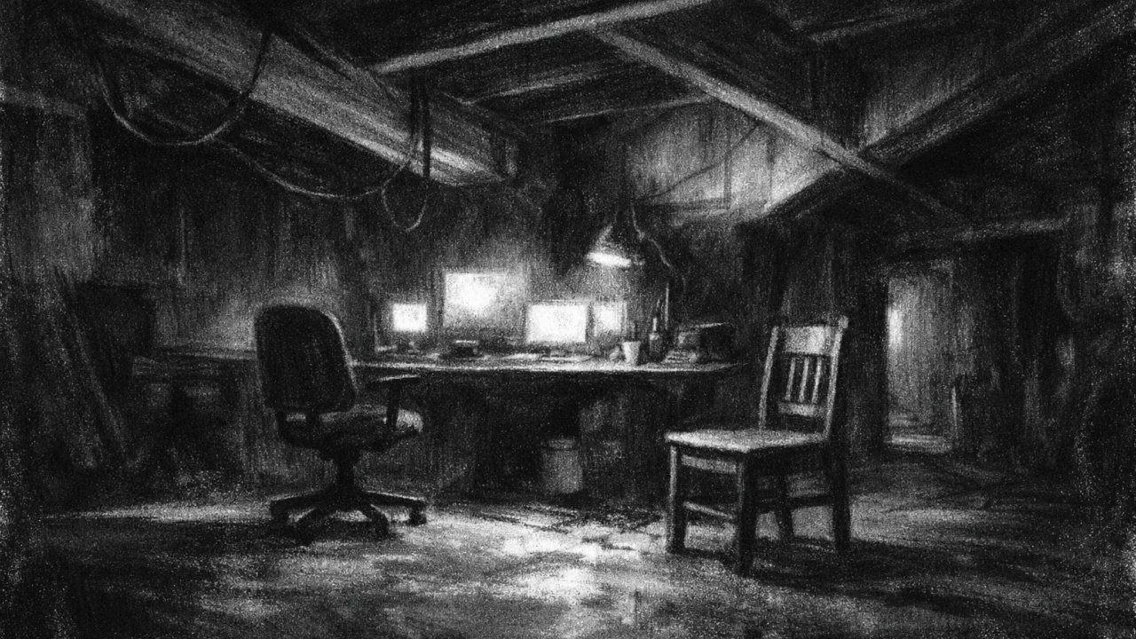 Mračan podrumski radni prostor bez ljudi, simboličan i tih, izveden u charcoal film noir stil s crno-bijelom paletom i dubokim sjenama.