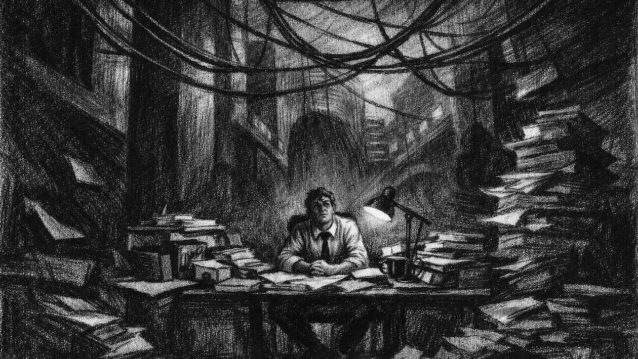 Kinematografski plakat s usamljenom figurom u mračnom uredu, nacrtan u charcoal film noir stil, crno-bijelo s dubokim sjenama i melankoličnom atmosferom.