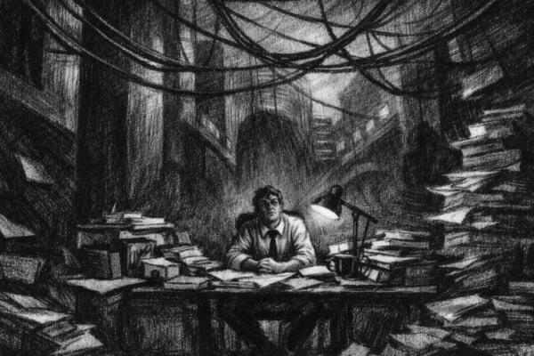 Kinematografski plakat s usamljenom figurom u mračnom uredu, nacrtan u charcoal film noir stil, crno-bijelo s dubokim sjenama i melankoličnom atmosferom.