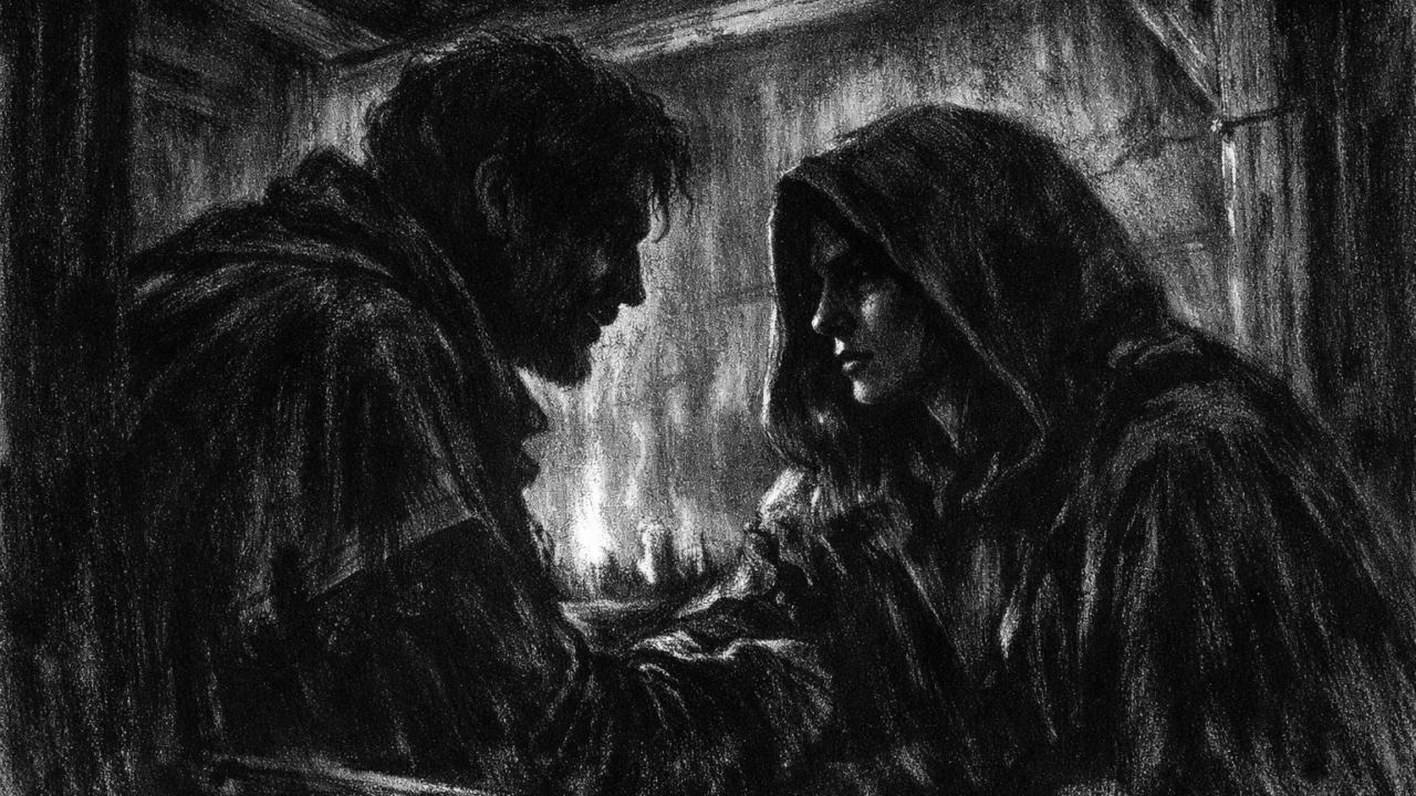 Dvoje ljudi u tihom razgovoru u mračnoj dvorani, naglašene emocije i sjene, charcoal film noir stil