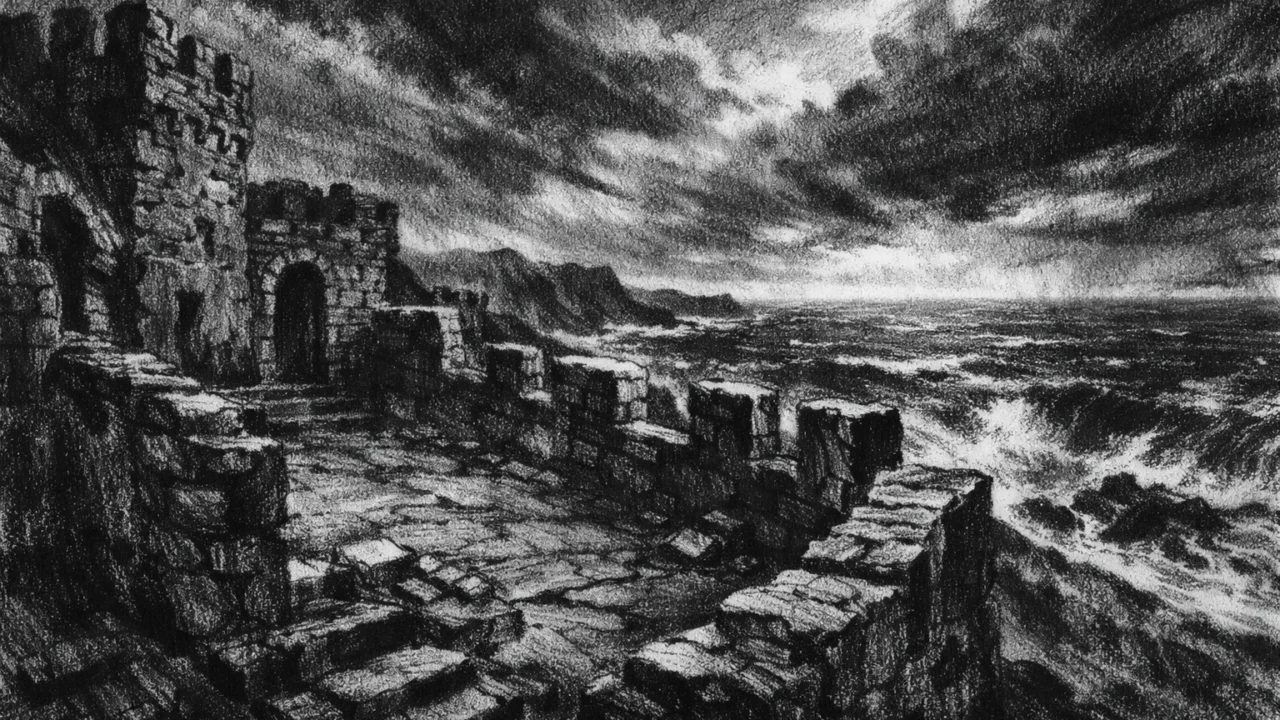 Napustena kamena utvrda uz olujno more, tjeskobna i povijesna atmosfera, charcoal film noir stil