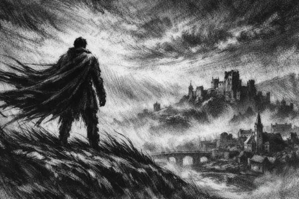 Filmski poster s usamljenom figurom na brdu iznad maglovitog krajolika, snažne sjene i osjećaj sudbine, charcoal film noir stil