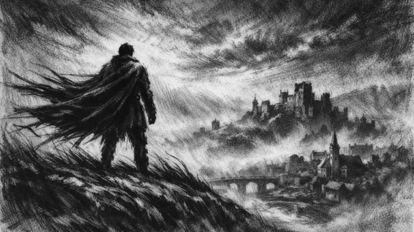 Filmski poster s usamljenom figurom na brdu iznad maglovitog krajolika, snažne sjene i osjećaj sudbine, charcoal film noir stil