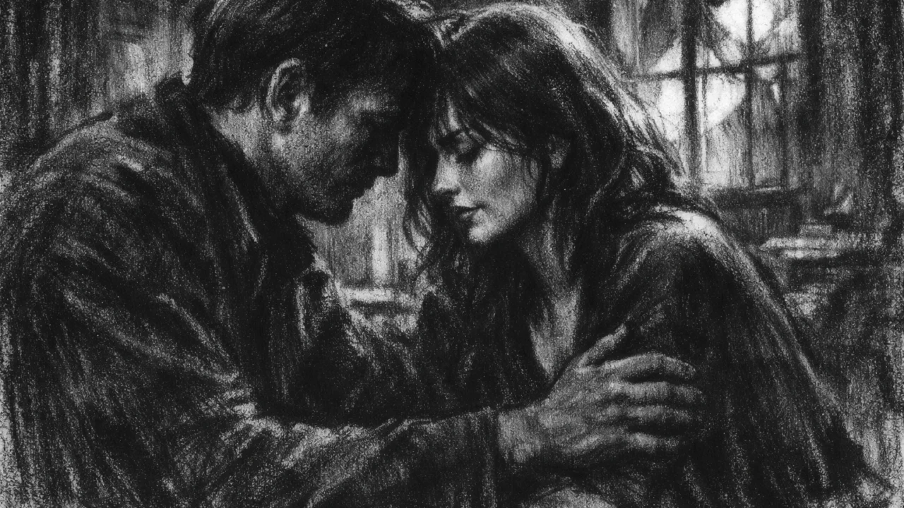 Dvoje ljudi u tihom razgovoru u mračnoj prostoriji, prikazano u charcoal film noir stilu s jakim kontrastom i emotivnim sjenama.