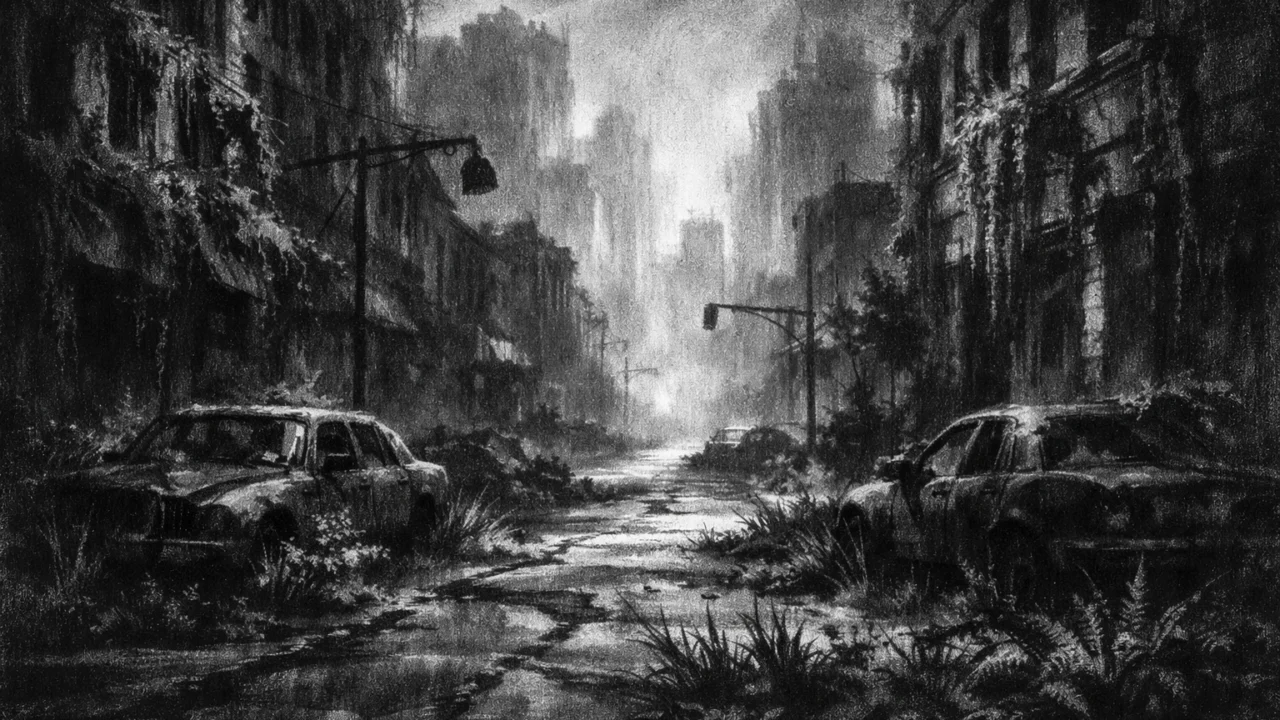 Napusteni gradski pejzaž obrastao prirodom, prikazan u charcoal film noir stilu, s naglašenim sjenama i turobnom, tišinom ispunjenom atmosferom.