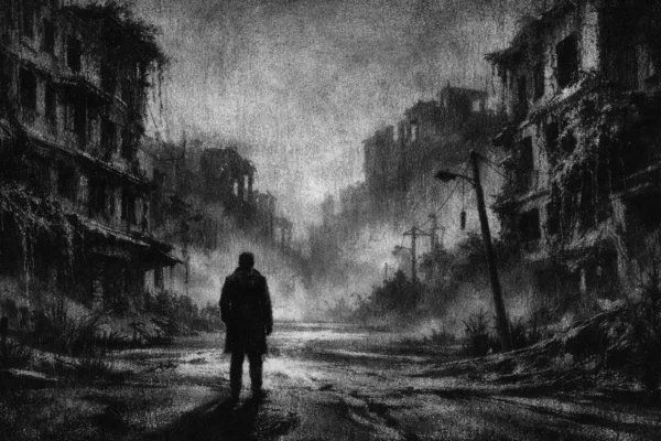 Filmski poster s usamljenom figurom u napuštenom gradu, izrađen u charcoal film noir stilu, crno-bijeli kontrast i duboke sjene stvaraju melankoličnu atmosferu.