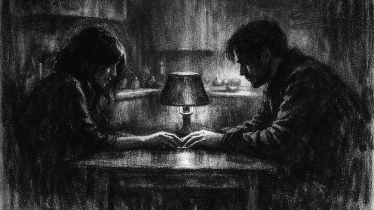 Dvoje ljudi za stolom u charcoal film noir stilu, snažan crno-bijeli kontrast i tamne sjene naglašavaju emocionalnu udaljenost i tugu.