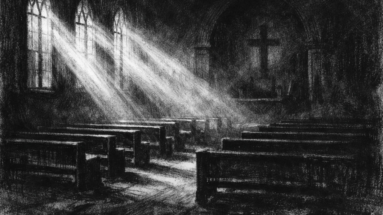Prazan sakralni prostor u charcoal film noir stilu, crno-bijela estetika, duboke sjene i dramatično svjetlo stvaraju osjećaj duhovne praznine.