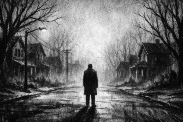 Usamljena figura u praznoj ulici u charcoal film noir stilu, crno-bijeli kontrast i duboke sjene stvaraju melankoličnu i tihu atmosferu gubitka.