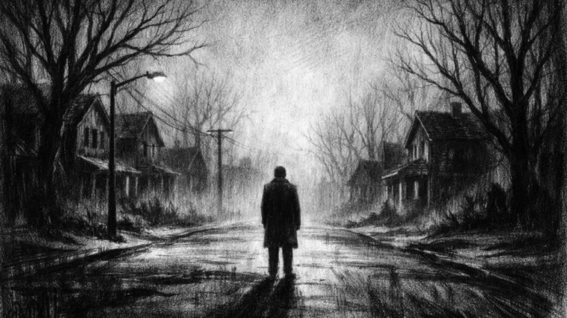 Usamljena figura u praznoj ulici u charcoal film noir stilu, crno-bijeli kontrast i duboke sjene stvaraju melankoličnu i tihu atmosferu gubitka.