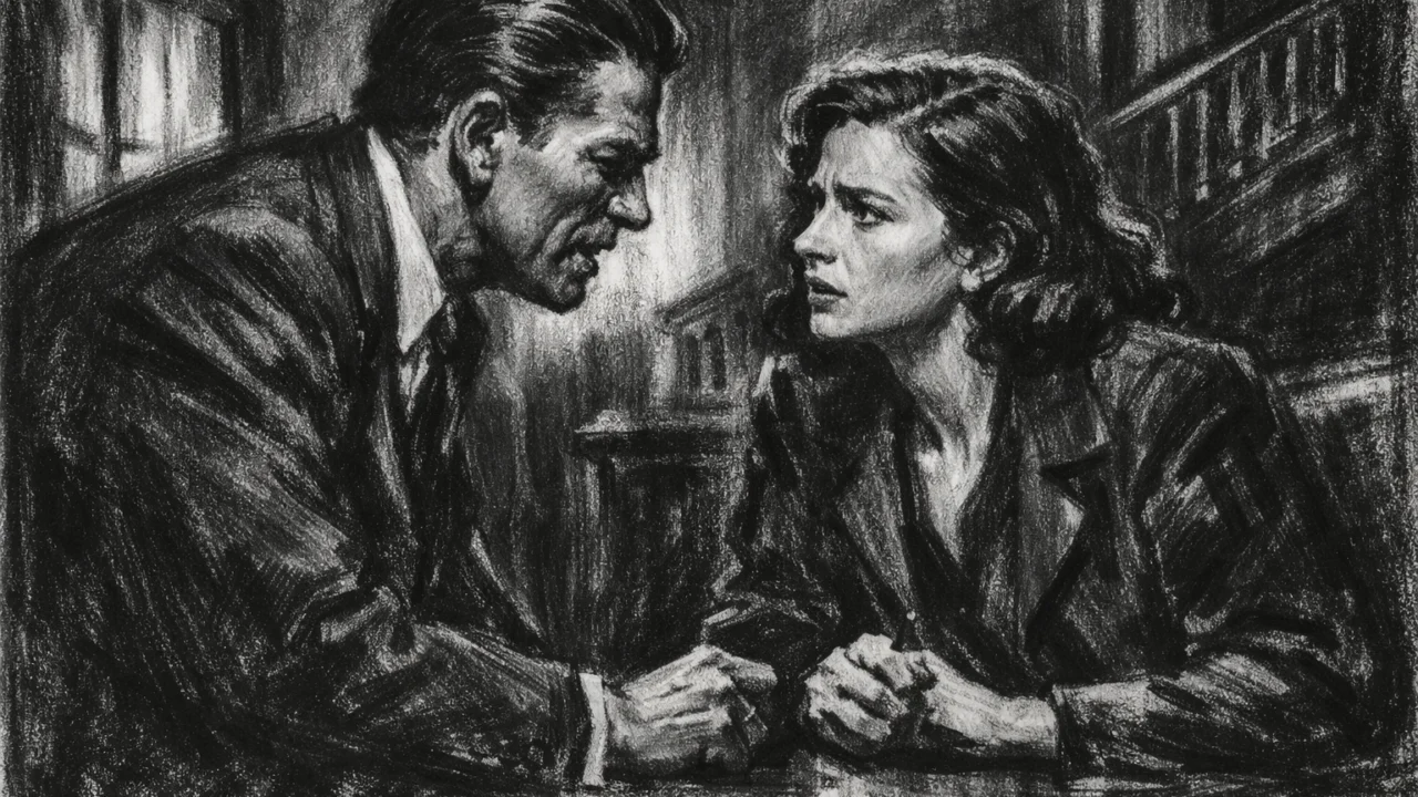 Dramska scena u charcoal film noir stilu
