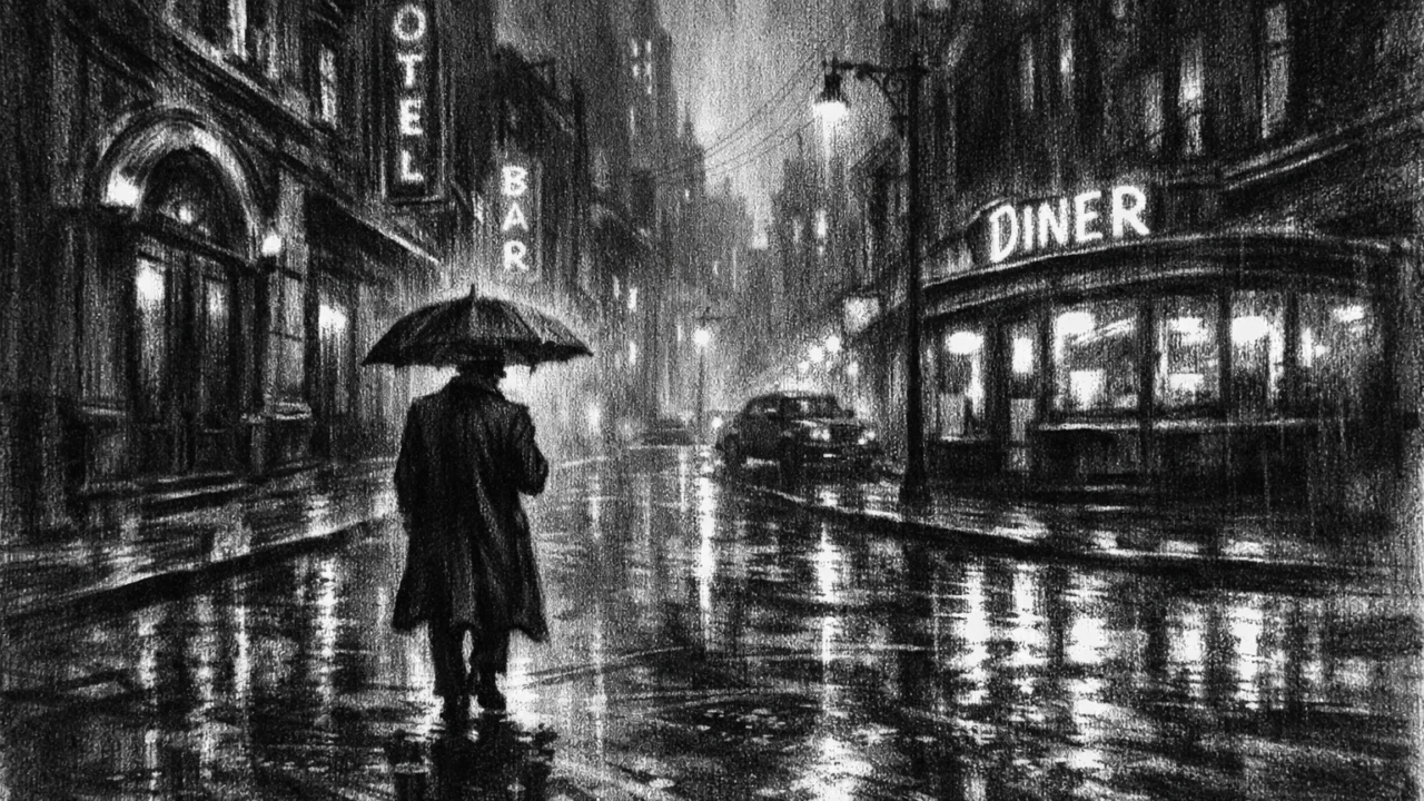 Atmosferska urbana ilustracija u charcoal film noir stilu