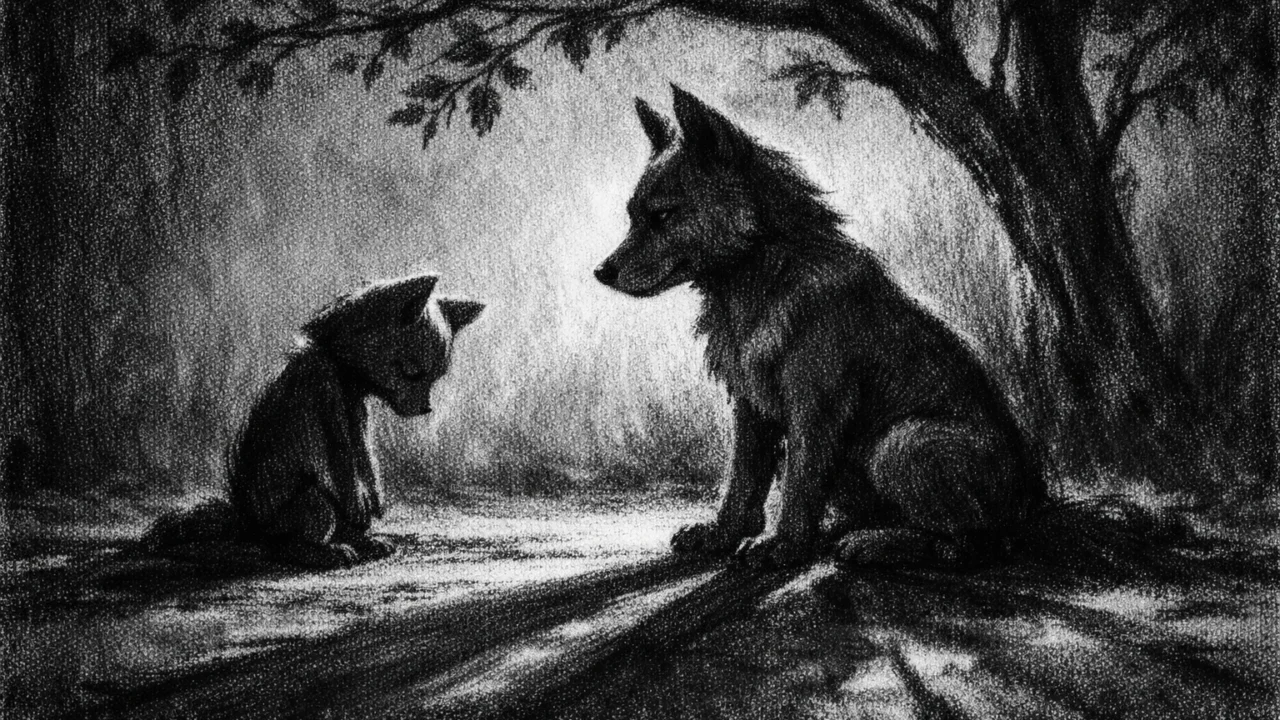 Emotivni trenutak u charcoal film noir stilu: dvije životinjske siluete pod drvetom, duboke sjene i tiha atmosfera osobnog rasta.