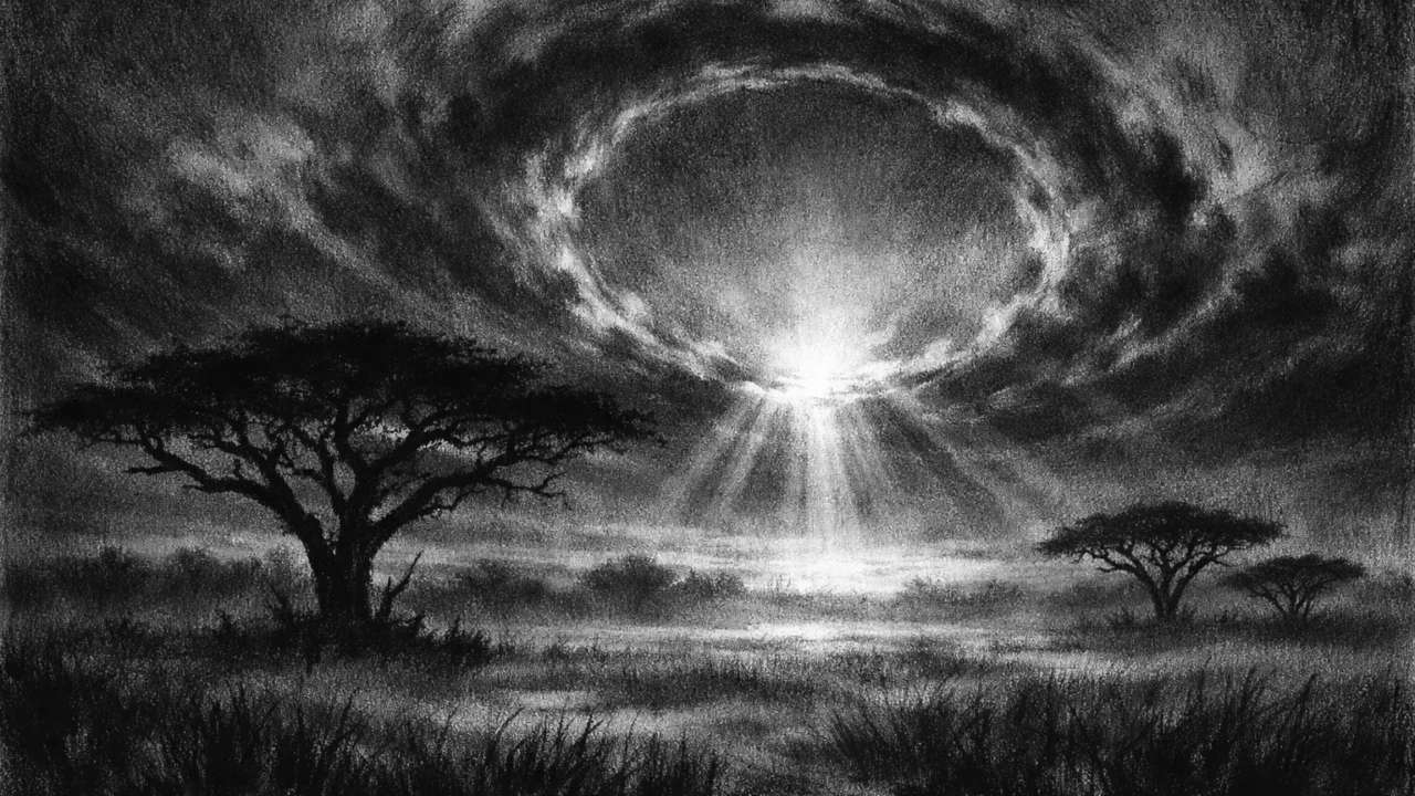 Atmosferski pejzaž u charcoal film noir stilu: savana u zoru s drvećem u silueti, snažan kontrast svjetla i tame, simbol obnove.