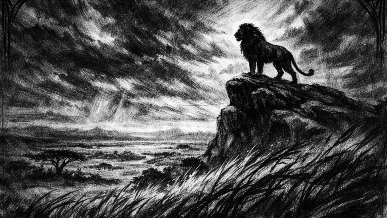 Hero scena u charcoal film noir stilu: usamljena silueta na stijeni iznad savane, snažni kontrasti svjetla i sjene, crno-bijela atmosfera sudbine i odgovornosti.