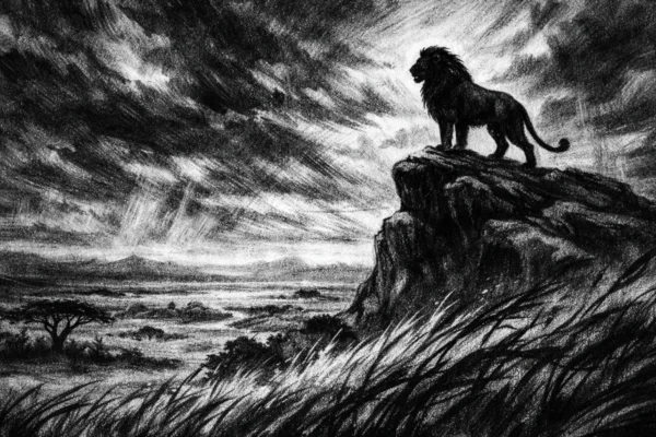 Hero scena u charcoal film noir stilu: usamljena silueta na stijeni iznad savane, snažni kontrasti svjetla i sjene, crno-bijela atmosfera sudbine i odgovornosti.