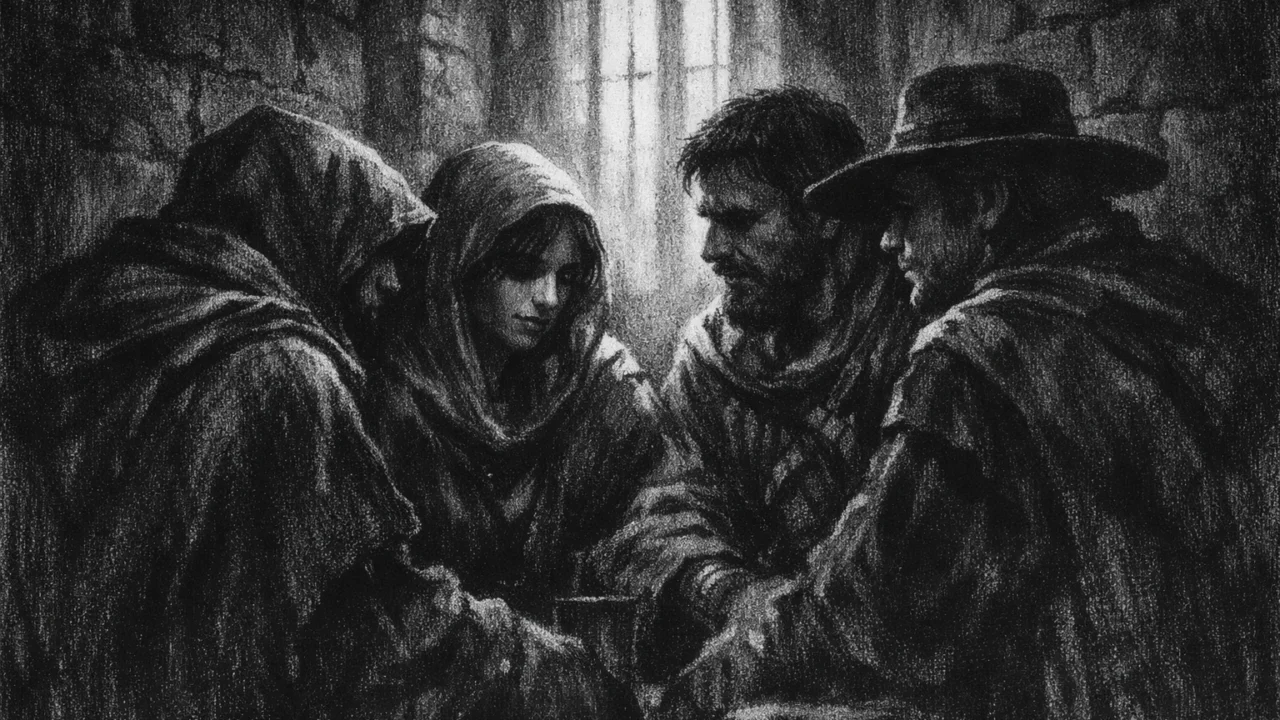 Skupina putnika u mračnoj dvorani, povezani tišinom i emocijama, prikazani u charcoal film noir stilu s jakim kontrastom.