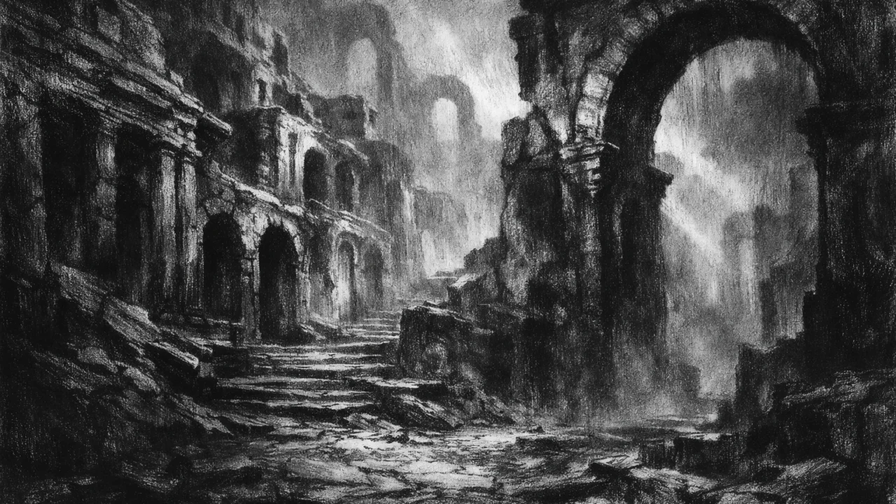 Napusti drevni grad u magli, s monumentalnom arhitekturom i sjenama, ilustriran u charcoal film noir stilu, melankoličan i simboličan.