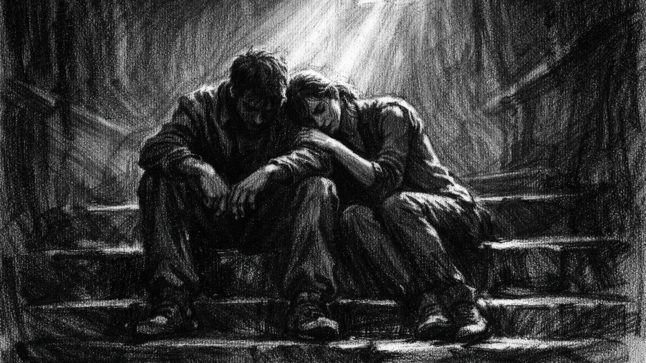 Dvoje ljudi u tihom emocionalnom trenutku, obasjani svjetlom iz tame, prikazani u charcoal film noir stilu