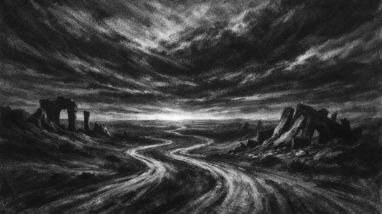 Prazan simboličan krajolik s ruševinama i svjetlom na horizontu, snažan ugođaj charcoal film noir stila