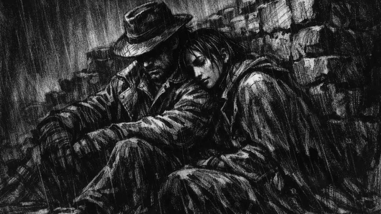 Dvoje putnika u tihoj noći uz ruševni zid, umor i povezanost, charcoal film noir stil, crno-bijelo, snažan kontrast i melankolična atmosfera