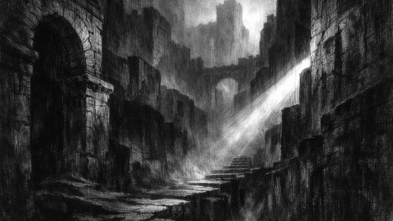 Maglovita dolina s monumentalnom arhitekturom i dubokim sjenama, simbol iskušenja i izdržljivosti, charcoal film noir stil, crno-bijelo, sumorna atmosfera