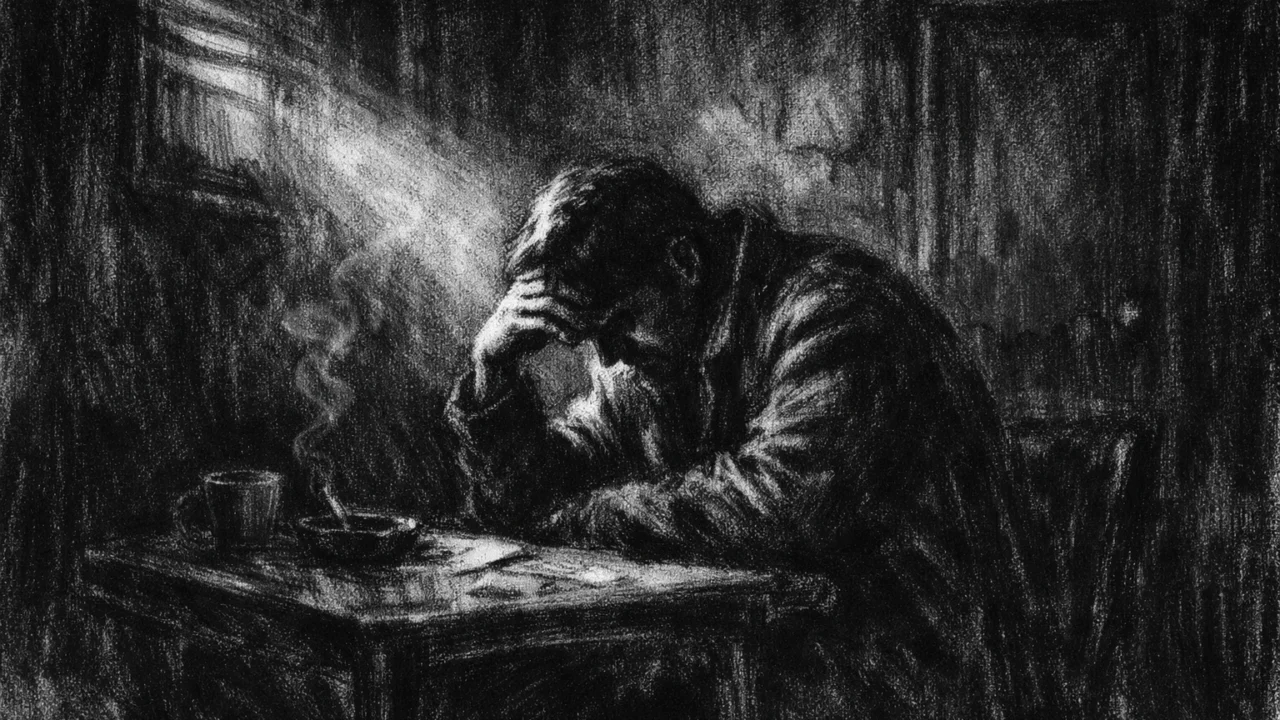 Intimna scena s tjeskobnom emocijom, snažan kontrast svjetla i sjene u charcoal film noir stilu.