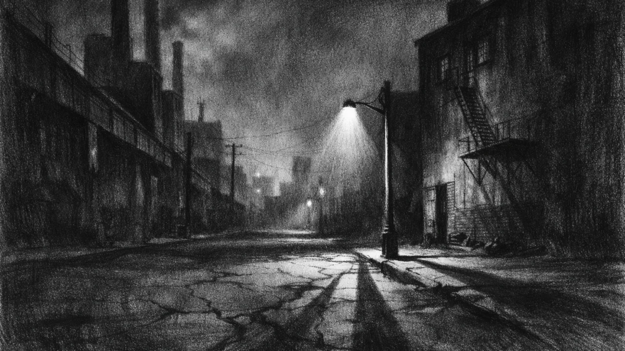 Prazna noćna ulica s industrijskom arhitekturom, izolacija i nelagoda u charcoal film noir stilu.