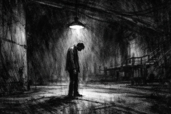 Usamljena figura u industrijskom prostoru, mračna atmosfera i duboke sjene u charcoal film noir stilu.