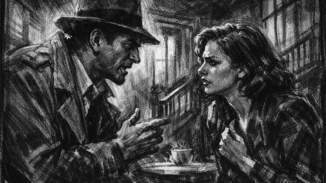 Dramska scena u charcoal film noir stilu