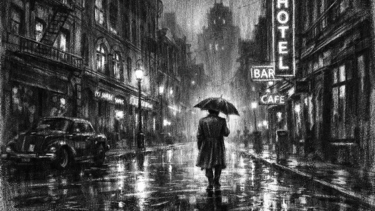 Atmosferska urbana ilustracija u charcoal film noir stilu