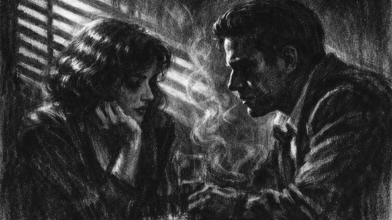 Dvoje ljudi u tihom razgovoru u mračnoj prostoriji, naglašene sjene i emocije sumnje, charcoal film noir stil s jakim kontrastom svjetla.