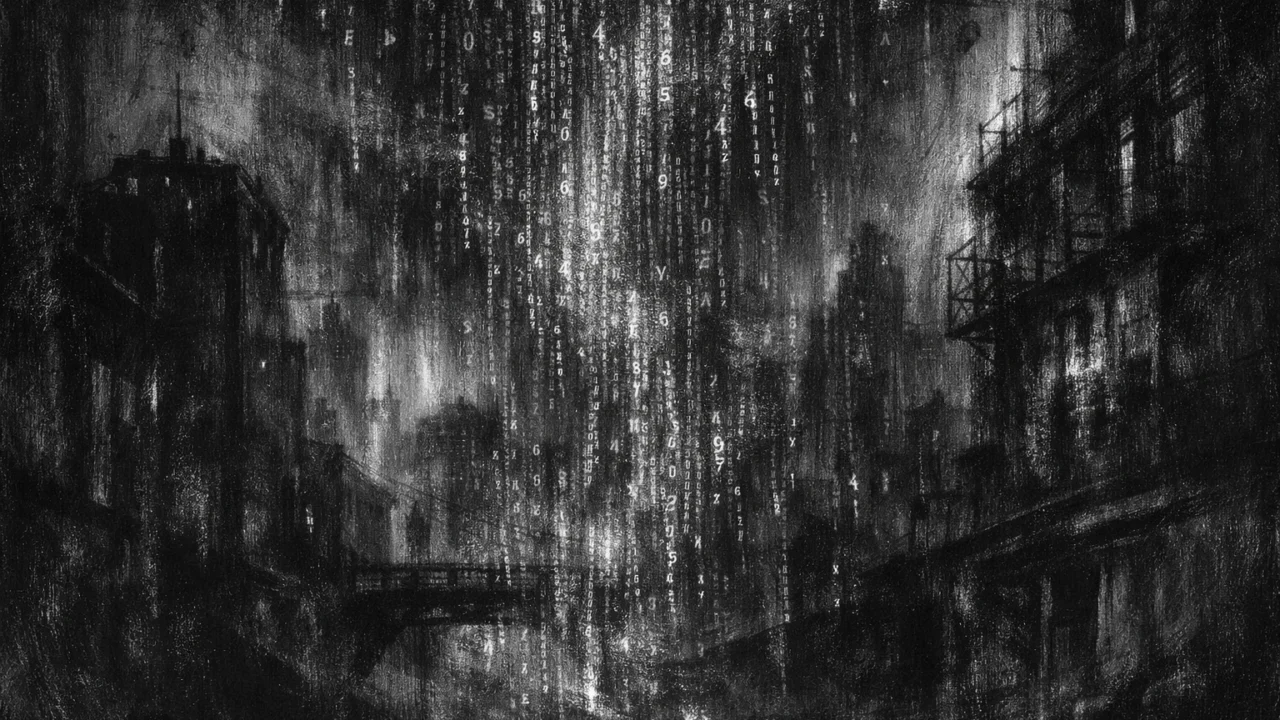 Simbolično okruženje s apstraktnim uzorcima i tamnom arhitekturom, dojam umjetne stvarnosti, charcoal film noir stil u crno-bijelom ugođaju.