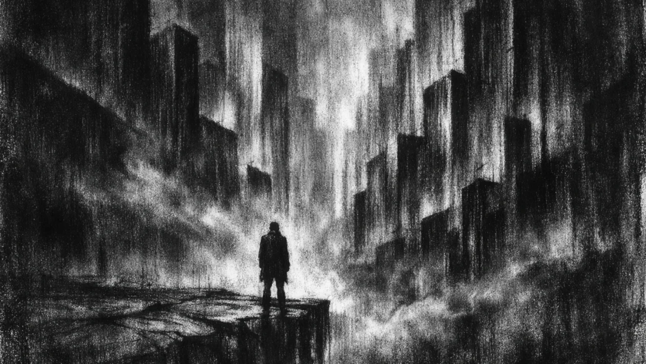 Kinematografski plakat s usamljenom figurom u apstraktnom gradu, mračna atmosfera i osjećaj buđenja, charcoal film noir stil u crno-bijeloj tehnici.