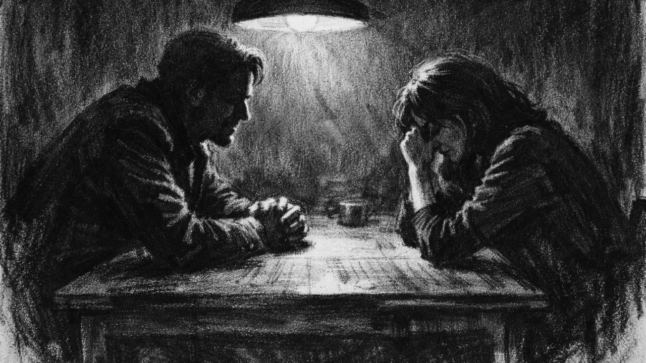 Dvoje ljudi u tihom razgovoru za stolom, naglašeni izrazi kroz sjene i govor tijela, charcoal film noir stil s jakim kontrastom