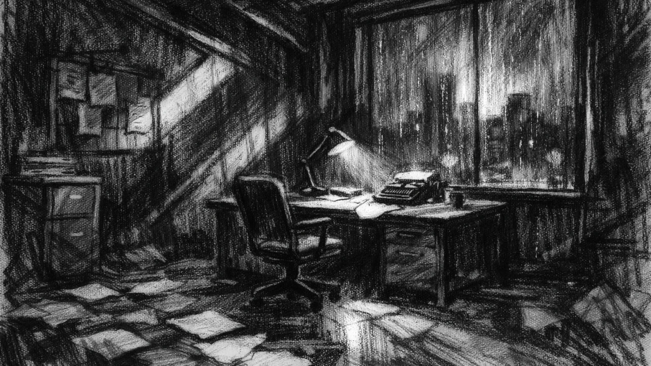 Prazan ured noću s pogledom na grad, kišne linije i snažne sjene, introspektivna atmosfera u charcoal film noir stilu