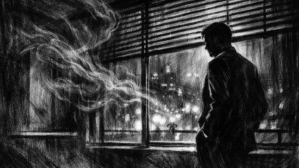 Filmski poster s usamljenom figurom u interijeru, snažne sjene i psihološka napetost, charcoal film noir stil u crno-bijeloj atmosferi