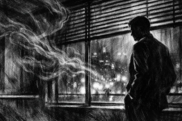 Filmski poster s usamljenom figurom u interijeru, snažne sjene i psihološka napetost, charcoal film noir stil u crno-bijeloj atmosferi