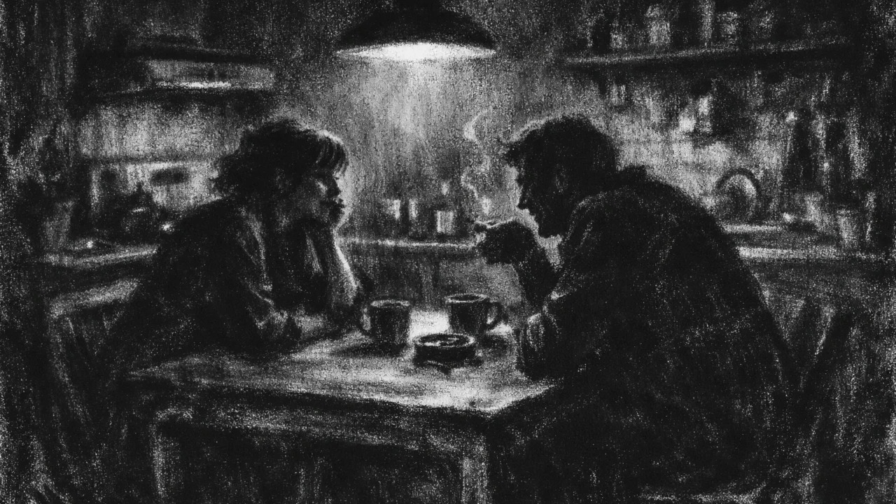 Intimna kuhinjska scena u charcoal film noir stilu, crno-bijela kompozicija s jakim kontrastom i osjećajem tihe obiteljske bliskosti.