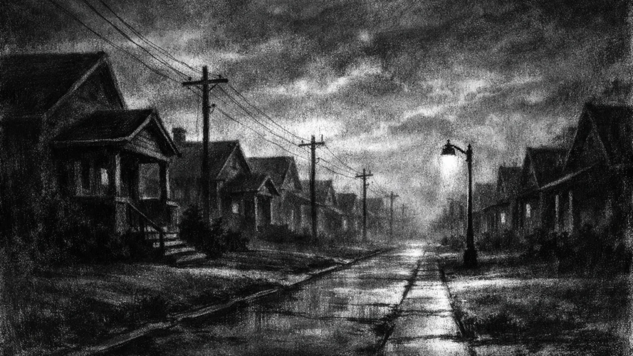Simbolično predgrađe u charcoal film noir stilu, crno-bijelo, s dubokim sjenama i melankoličnim ugođajem rutine.