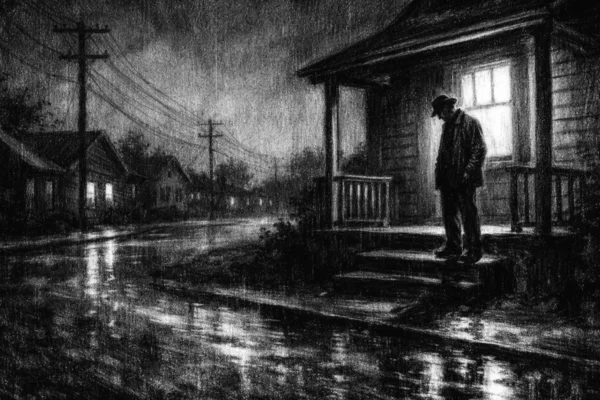 Cinematični poster s prizorom predgrađa u charcoal film noir stilu, crno-bijelo, duboke sjene i melankolična atmosfera svakodnevice.