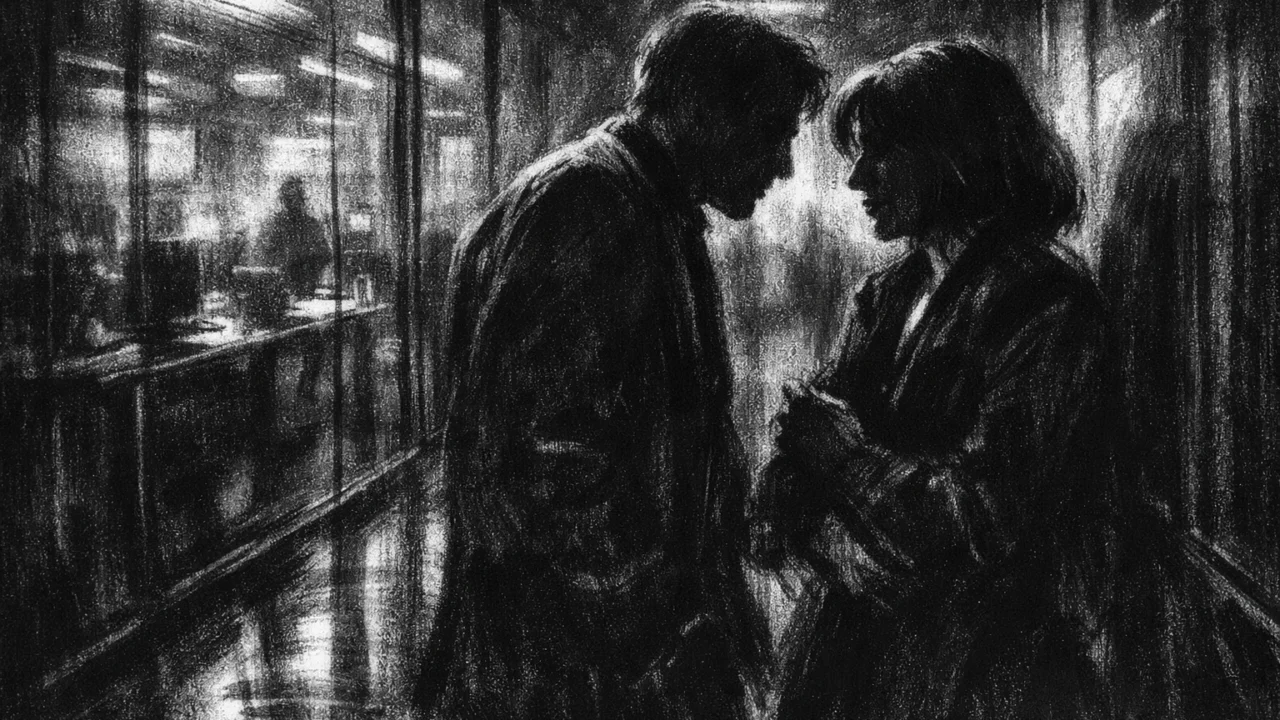 Intimna scena u charcoal film noir stilu, dvoje ljudi u hodniku redakcije, crno-bijelo s jakim kontrastom i sjenama koje naglašavaju emocionalnu napetost.