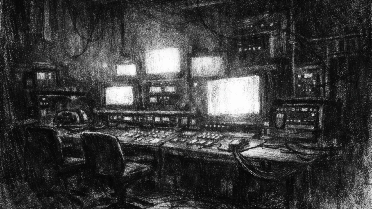 Atmosferski prikaz prazne kontrolne sobe u charcoal film noir stilu, crno-bijela kompozicija s dubokim sjenama i melankoličnim ugođajem.