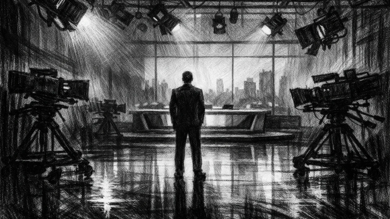 Kinematografski plakat u charcoal film noir stilu, crno-bijela scena jutarnjeg studija s jednom figurom, duboke sjene i dramatično svjetlo stvaraju napetu, melankoličnu atmosferu.